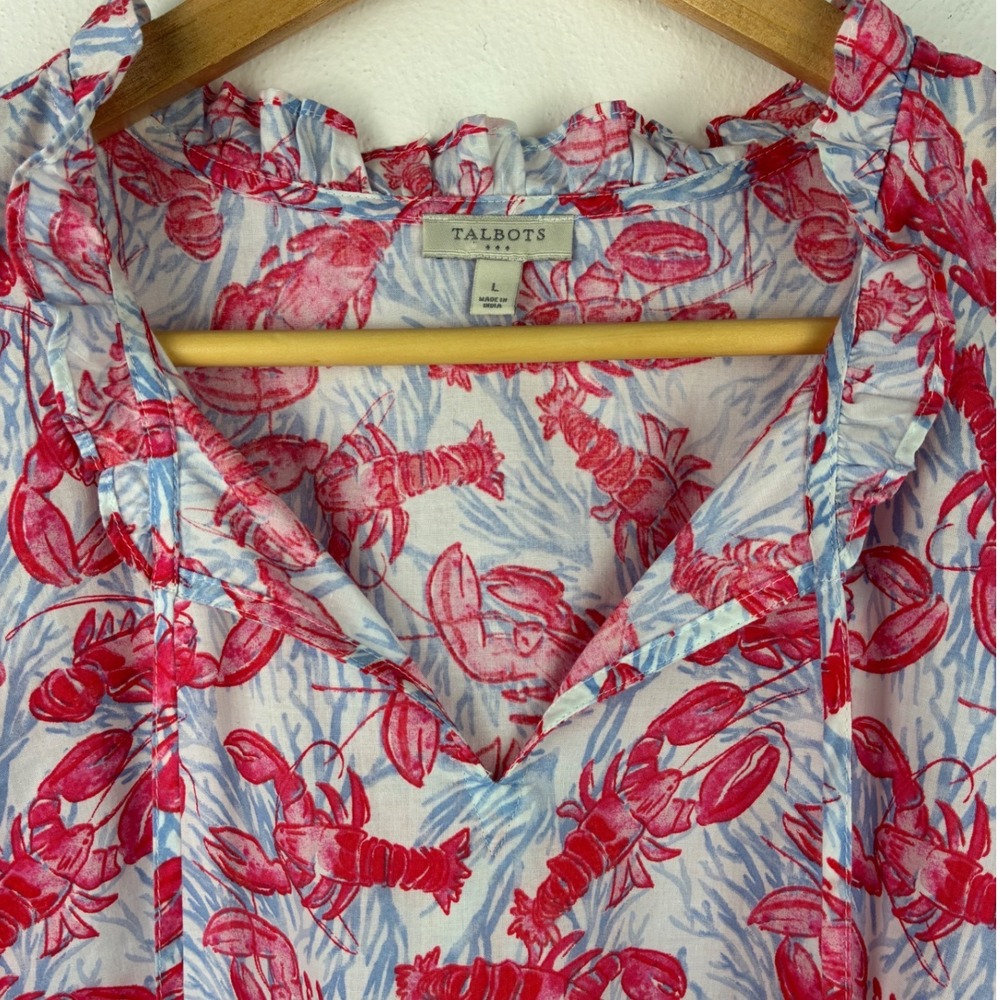 Talbots Lobster Sleeveless Cotton Blouse Large Coastal Nautical Ruffle Neck - Picture 4 of 9